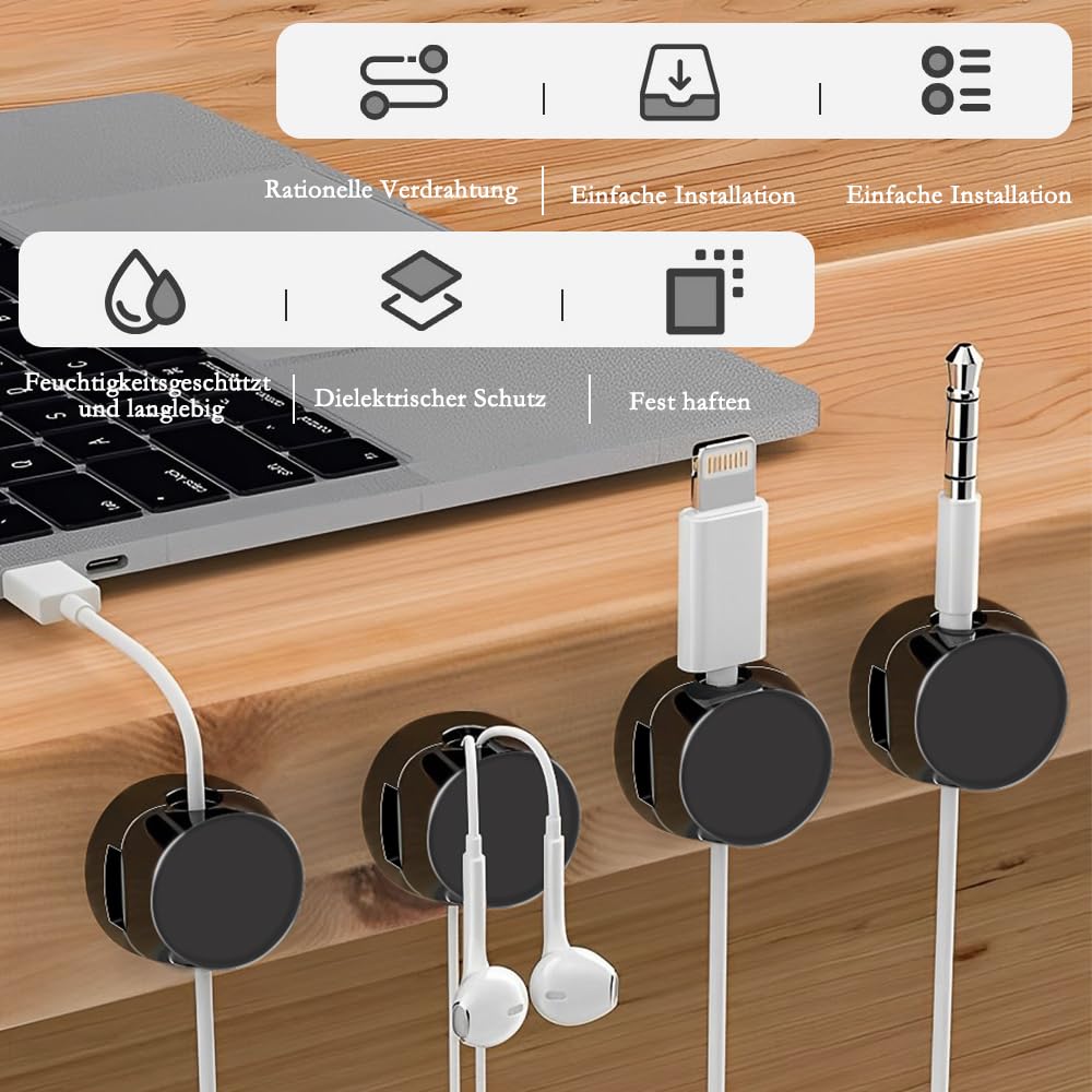 Lot De 9 Clips Magnétiques Pour Câbles - Auto-adhésif, Rotatif 360°, Blanc, Pour Bureau - 3