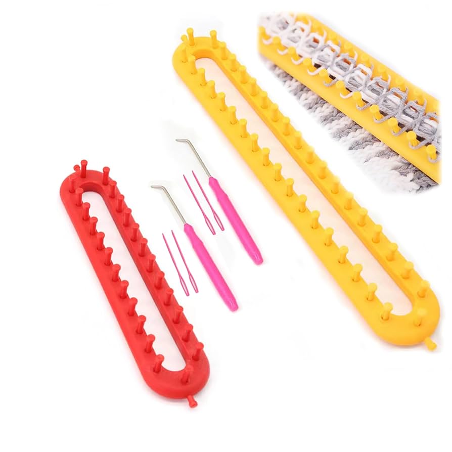 The Quilted Bear Long Knitting Loom Kit - Easy Knit 4 Piece Peg Loom With 2 Pins, Loom Knitting Hook Tool & Instruction Leaflet For Scarves, Hats & More