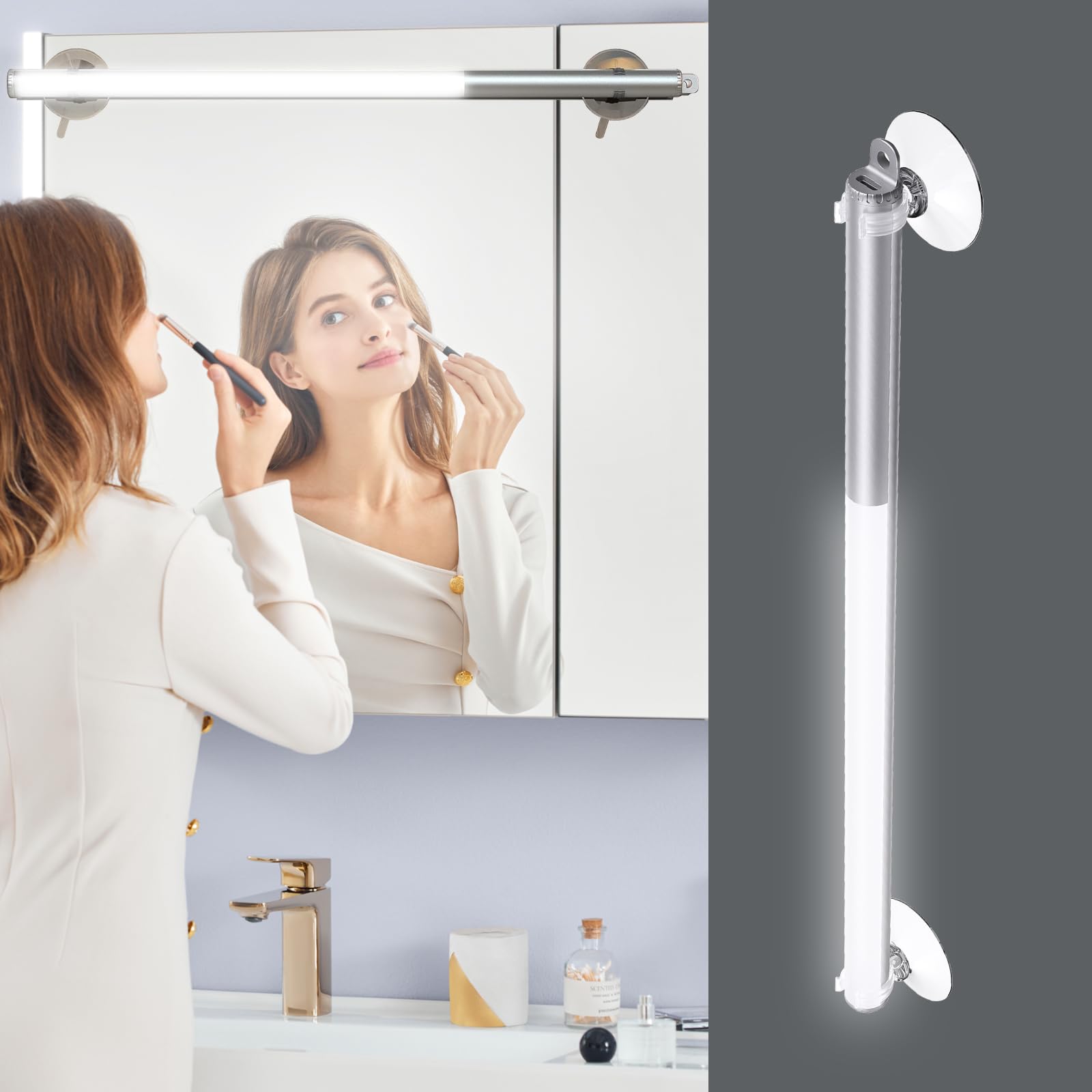 Przenośna lampa do makijażu LED 36 cm z przyssawką: 3 tryby i 10 poziomów jasności, kabel USB do ładowania w zestawie, idealna do sypialni, łazienki, garderoby lub szafy.
