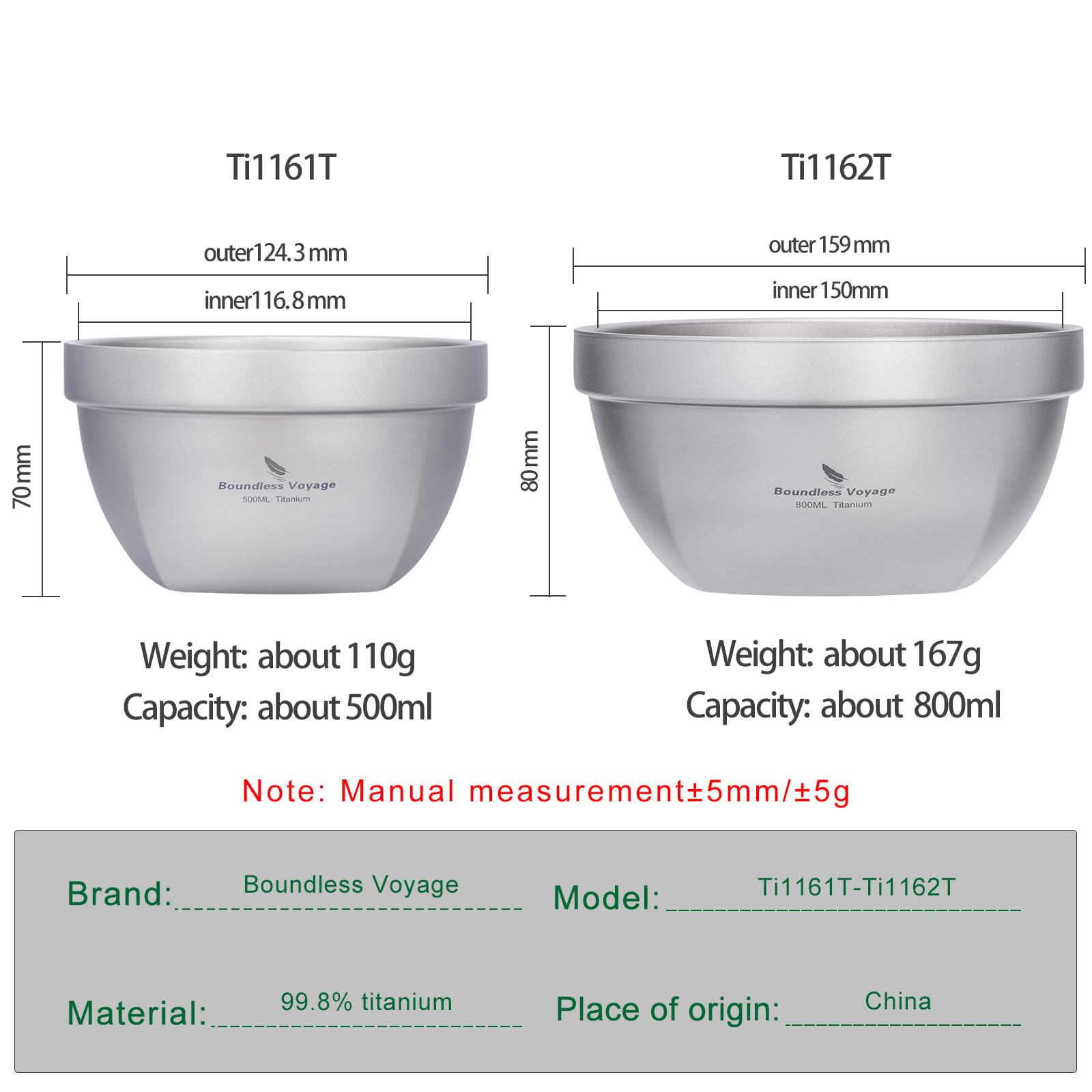 iBasingo Doppelwandige Titan Schüsseln Set 500ml & 800ml Ultraleichte Camping Schüssel fur Haferflocken Lebensmittel Reis Suppe Tragbare Geschirr Outdoor Metall Becher Ti1163T