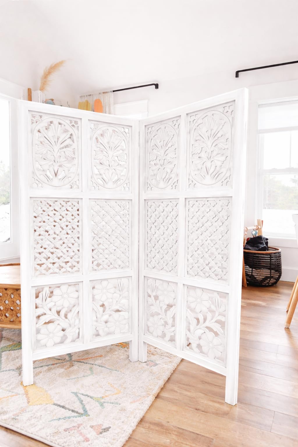 Handcrafted White Wooden Room Divider 2 Panel Folding Partition Screen with Floral Carving for Living Room, Bedroom & Home Décor (4 Feet 2 Panel White)-image-18