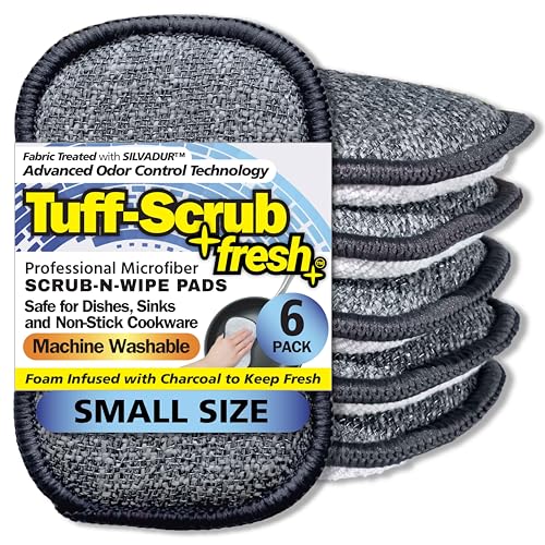 Fresh Scrub-N-Wipe Pad by Tuff-Scrub, 6-Pack, Antimicrobial & Charcoal Foam for Odor Control, Microfiber, Multi-Surface, Non-Scratch, Dual-Sided, Machine Washable, Kitchen Sponge (Small)