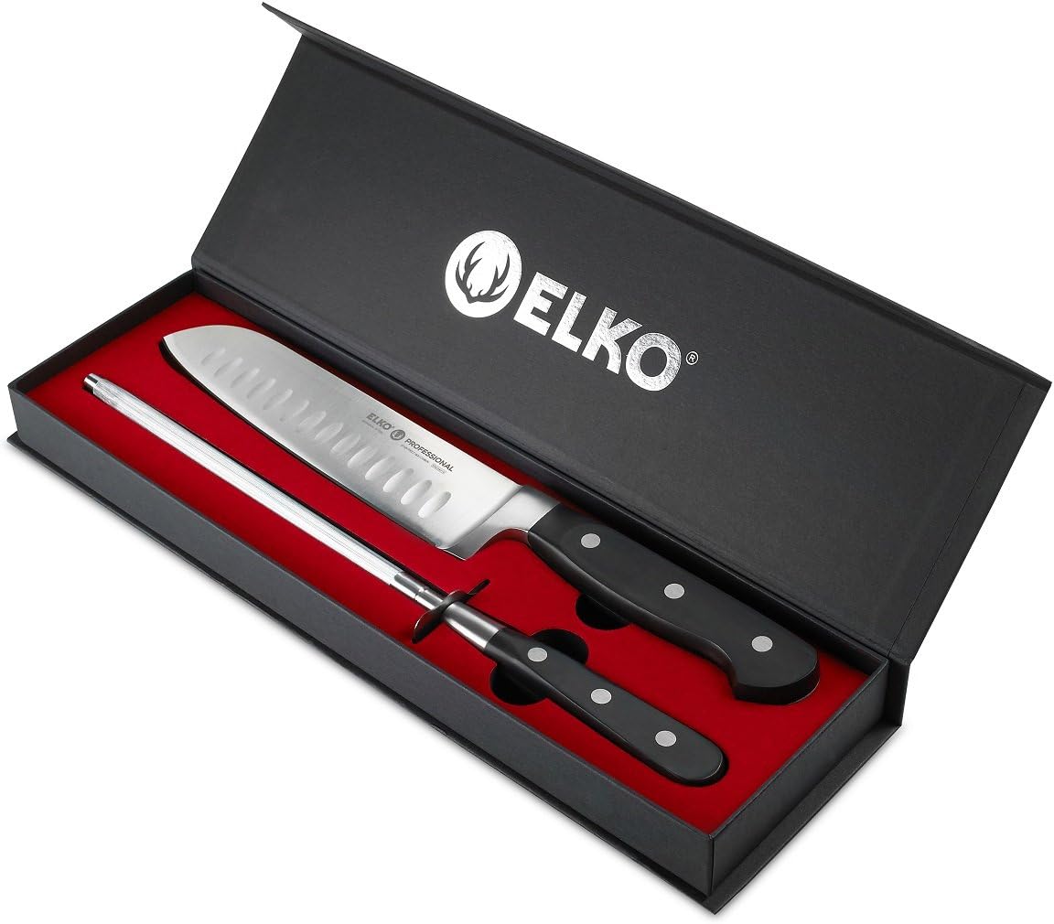 Santoku Knife And Sharpener - 7 Inch German Steel Sharp Blade Santoku Knife With 12 Inch Steel Round Knife Sharpener - Comes In Gift Box - By Elko Professional