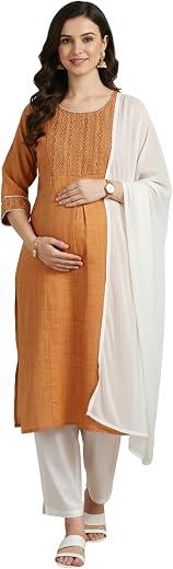 DUMMY SHAPE Maternity Kurta Set for Women Feeding | Cotton Blend Floral Embroidered Kurti Pant Dupatta Suit with Nursing Z...