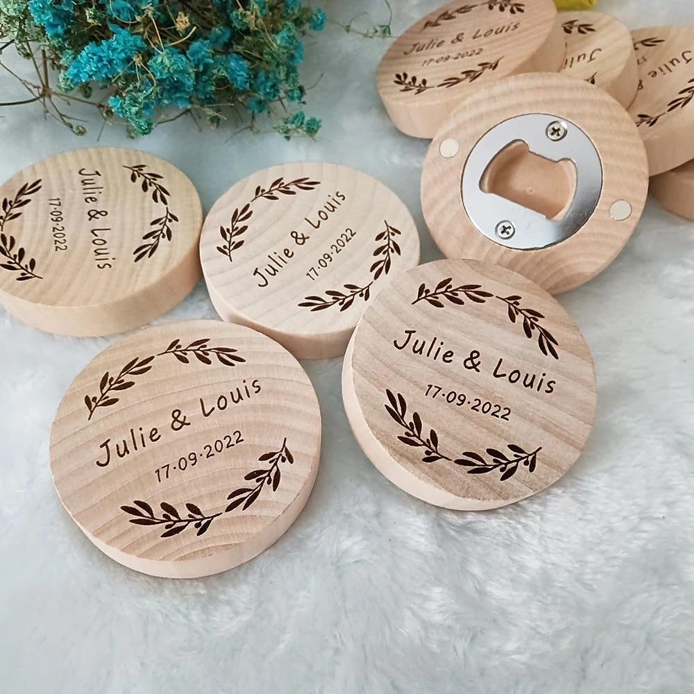 Abridor de botellas de cerveza redondo de madera grabado personalizado con imán, abridor de botellas magnético para cocina, reuniones y fiestas (50 unidades)