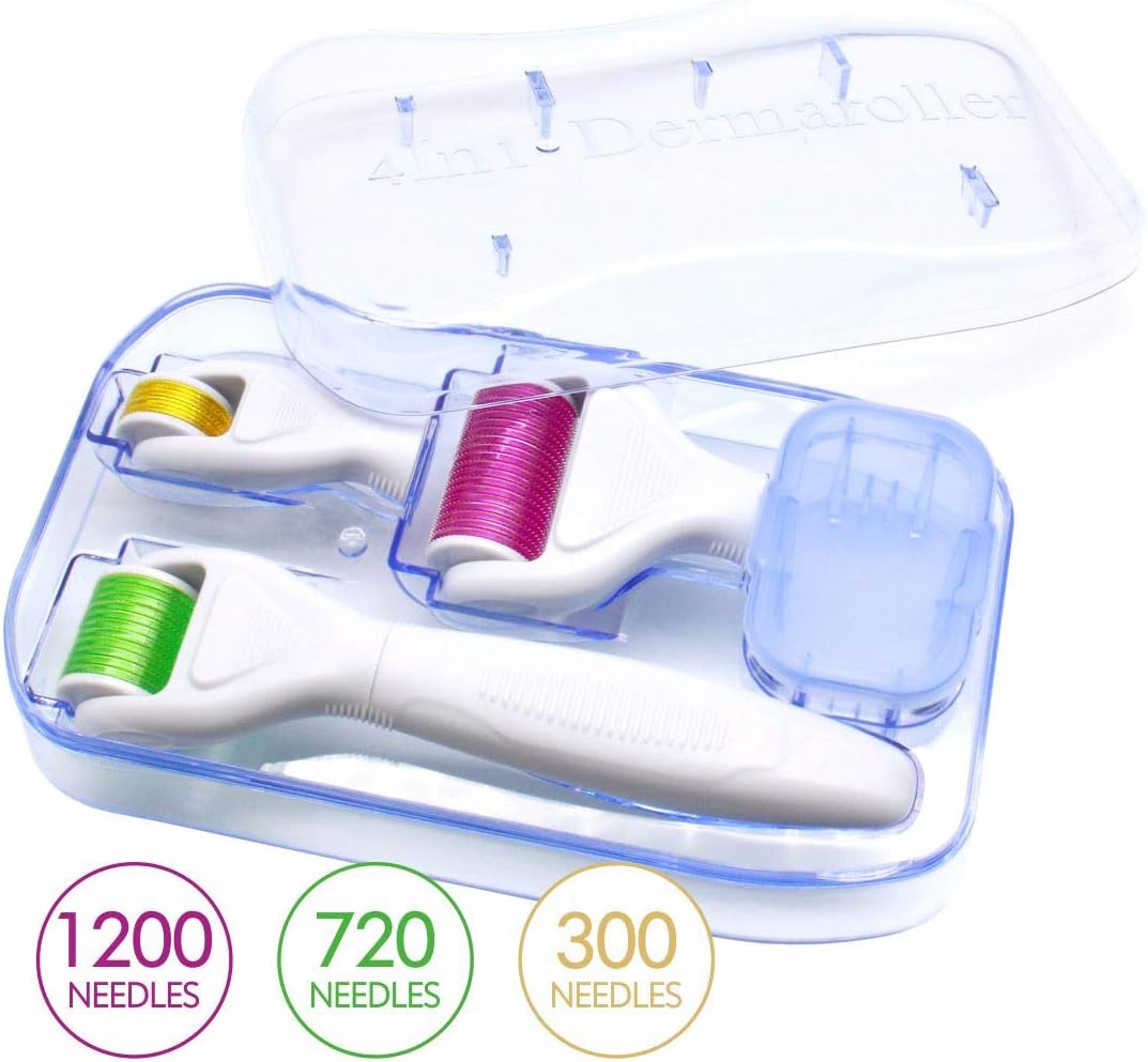 4 In 1 Derma Roller Kit - Micro Needle Roller-3 Replaceable Heads 1200 Needles 0.3mm, 720 Needles 0.25mm, 300 Needles 0.25mm