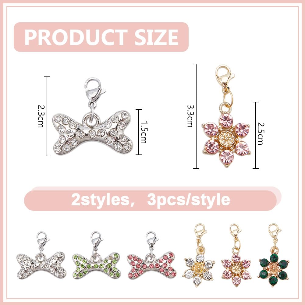 DELORIGIN 6Pcs Bling Rhinestones Bone Charm Pendant Alloy Flower Bone Charm Pendant Pet Supplies Dog Accessories for Pet Dog Cat Collar Necklace Jewelry Making DIY Craft Accessoriey - Image 2