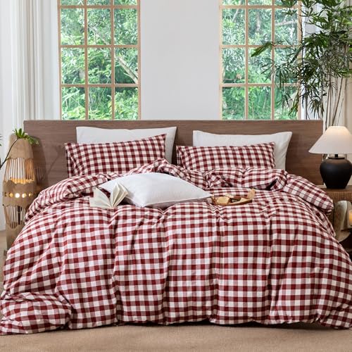 Image of MooMee Gingham Duvet Cover Set 100% Washed Cotton Linen Like Textured Breathable Durable Soft Comfy Modern Checkered Design (Buffalo Plaid Fired Brick Red, King 104 inchx90 inch)