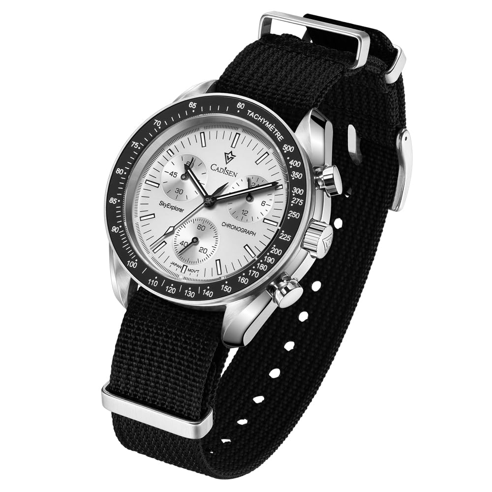 CADISEN Orologio al quarzo da uomo elegante campagne casual con cinturino in nylon zaffiro, bianco, cinghia