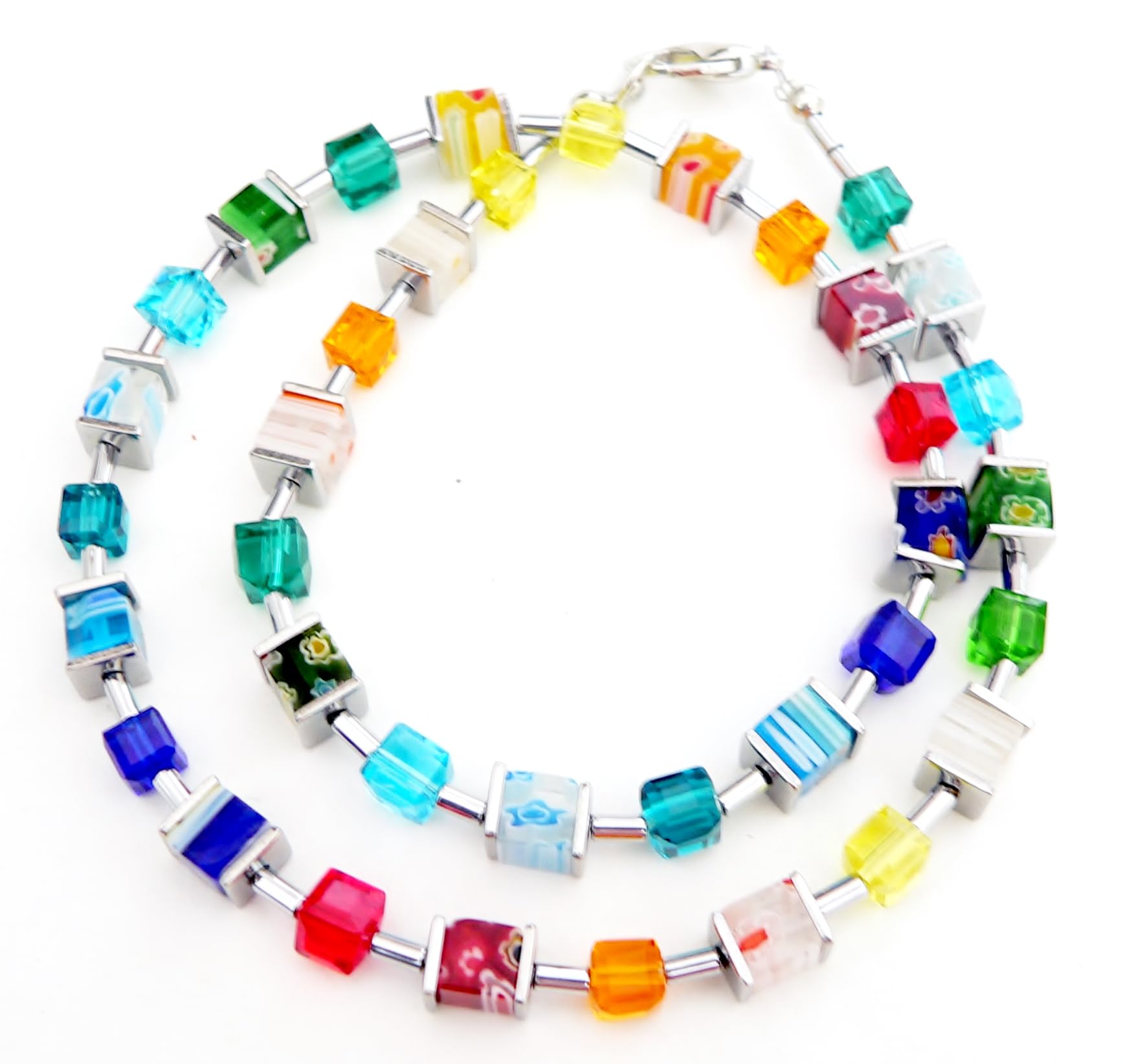 Generisch Halskette Würfel Cube Millefiori bunt multicolor mehrfarbig Glas 0095b
