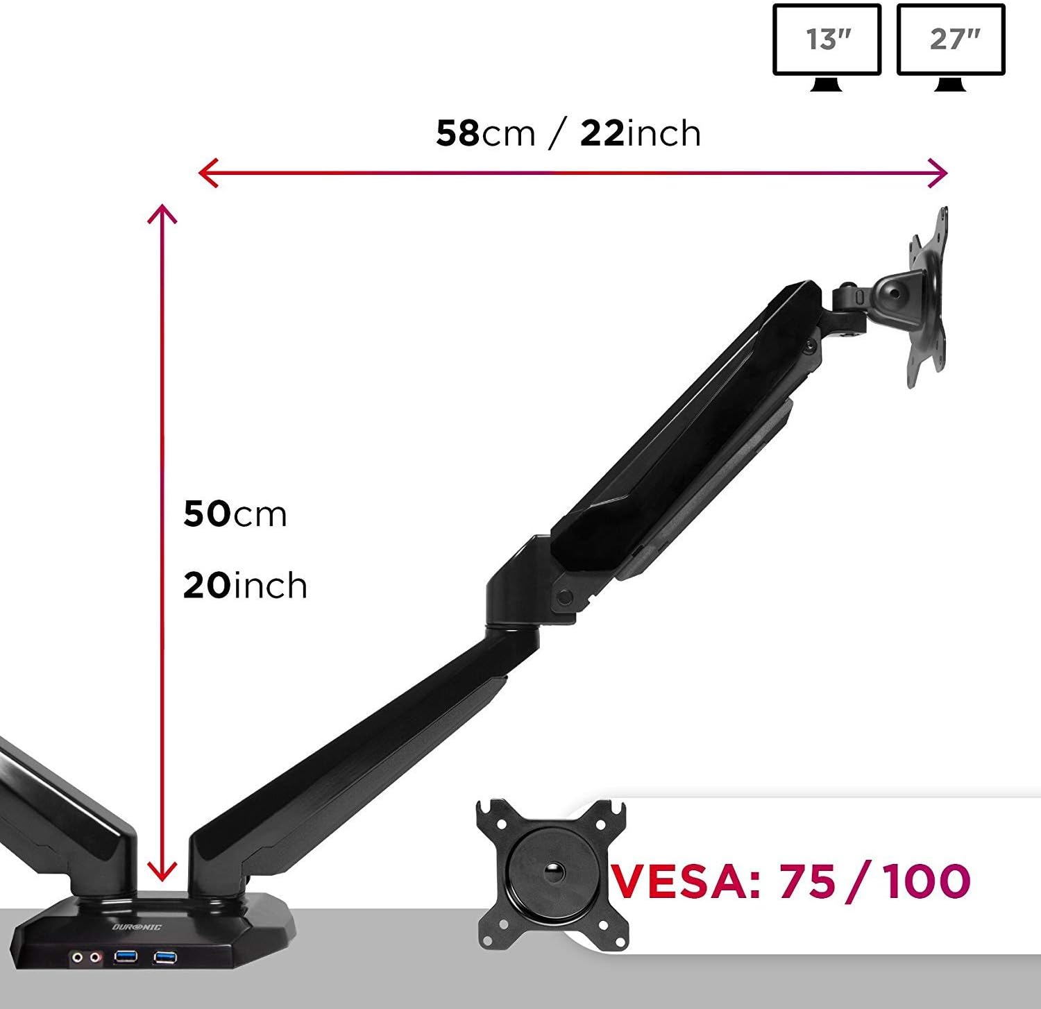 Duronic Monitor Arm Stand DMUSB52 | Dual PC Desk Mount | Headphone, USB, Microphone Extension Sockets | 13-27 inch LED LCD Screen | VESA 75/100 | Full Motion Tilt -90°/+85°, Swivel 180°, Rotate 360°