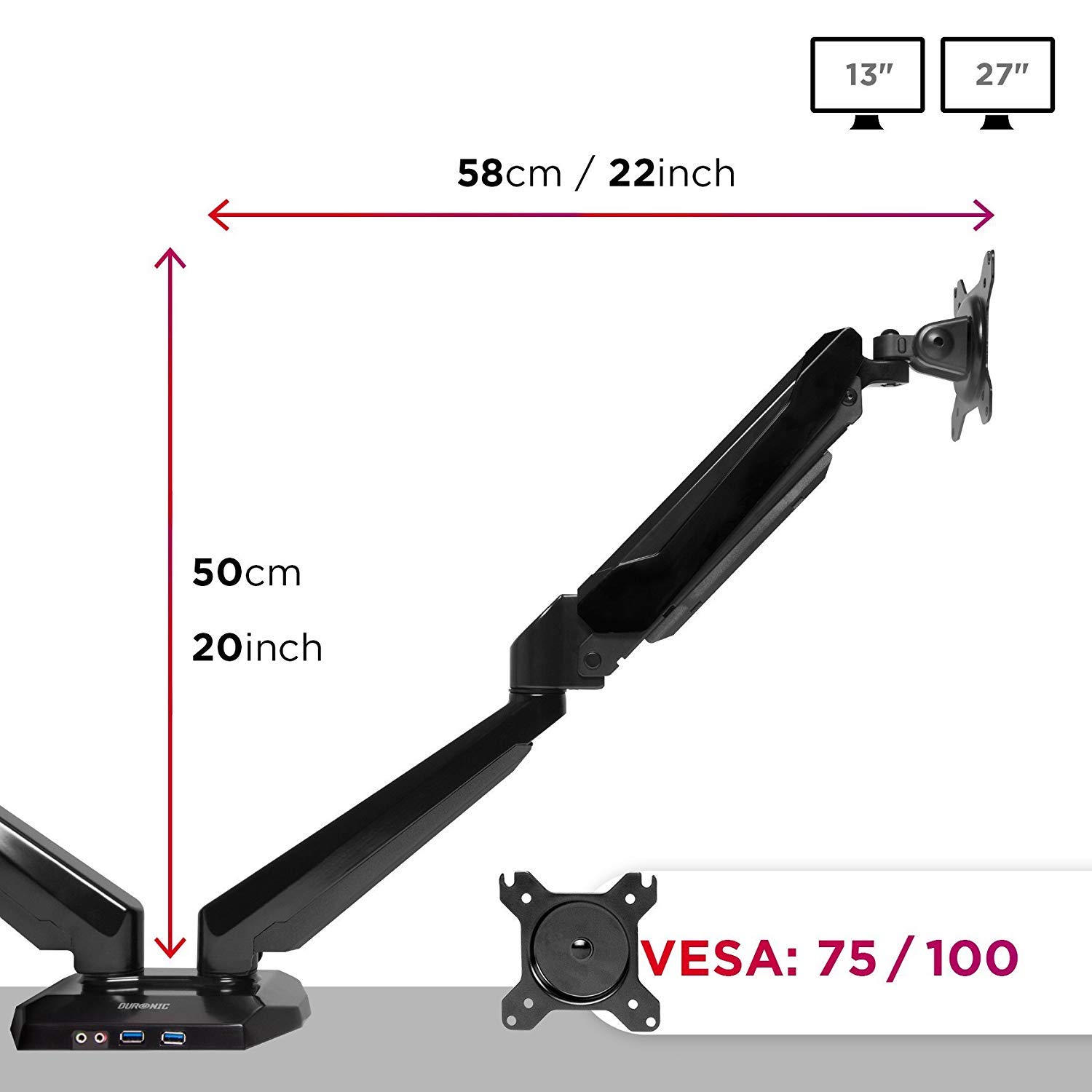 Duronic DMUSB5X2 Supporto Doppio Monitor 13"-27" con Bracci a Molla a Gas | Portata 8kg per Braccio, Altezza Regolabile 50cm, Inclinazione -90°/+85°, Base con Porte USB e Jack Audio, Alluminio