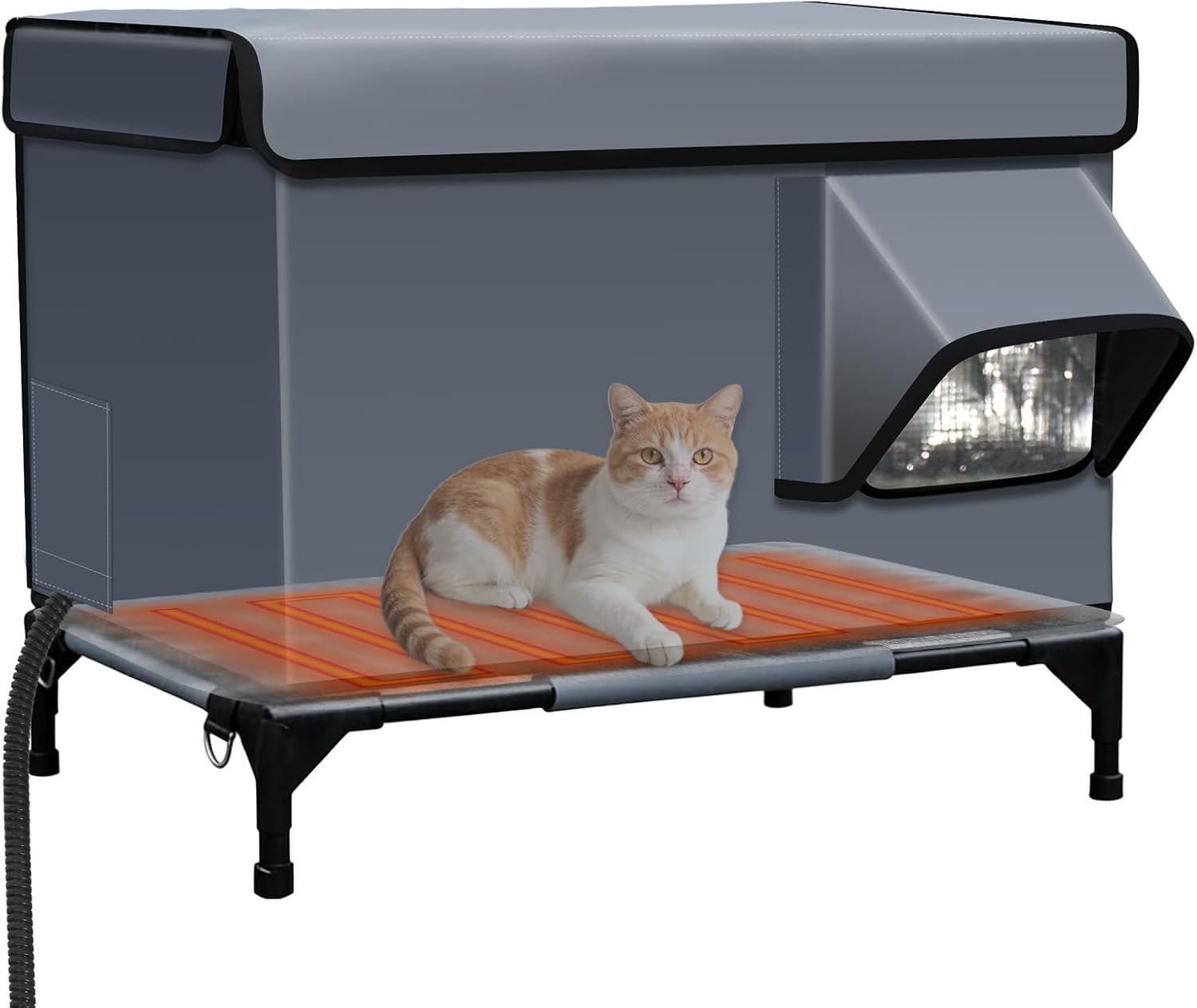 Heated Outdoor Cat House with Heating Pad for Winter, Weatherproof Waterproof Insulated, Dual EscapeDoors, Chewproof Cable, Small Pets Shelter for Outside Feral/Stray Cats (Yard, Garage, Barn, Porch)