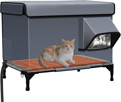 Heated Outdoor Cat House with Heating Pad for Winter, Weatherproof Waterproof Insulated, Dual EscapeDoors, Chewproof Cable, Small Pets Shelter for Outside Feral/Stray Cats Yard, Garage, Barn, Porch