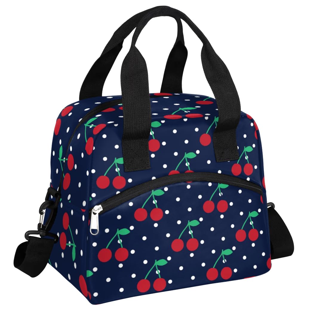 Cherry Dots Pattern Insulated Lunch Bag for Women Men Reusable Lunch Box Cooler Bag Large Leakproof Lunch Tote with Adjustable Shoulder Strap for Adult Work Picnic Camping Beach Office