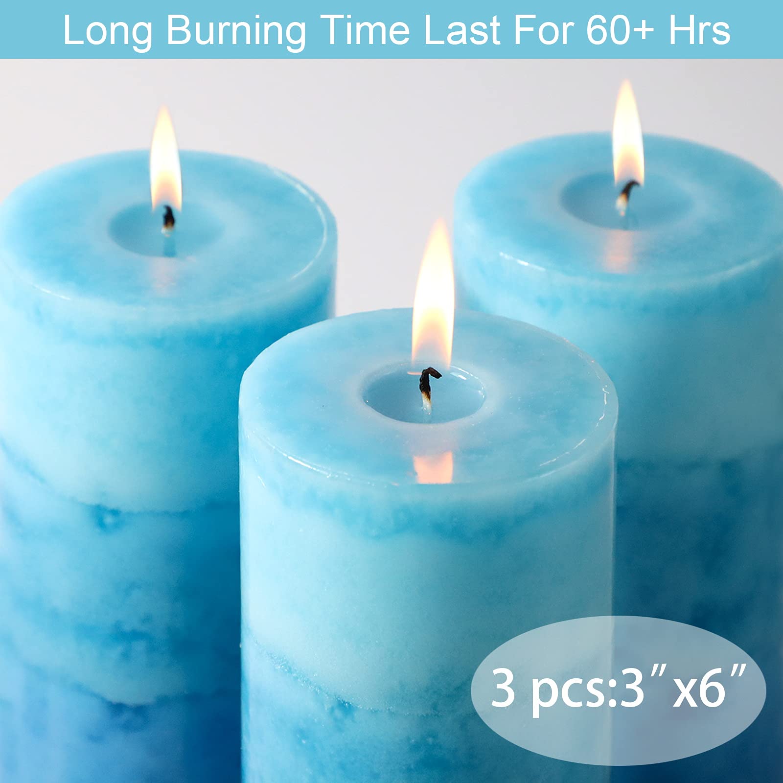 Blue Candles for Home - Velas aromáticas de 60 horas y más de 60 horas, juego de 3 velas aromáticas aromáticas de océano fuertes (7 x 15 cm)