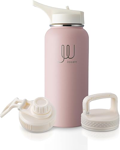 JW Joware Botella de agua aislada de 32 onzas con tapa con pajilla, botella de agua deportiva de acero inoxidable 188 a prueba de fugas con 3 tapas