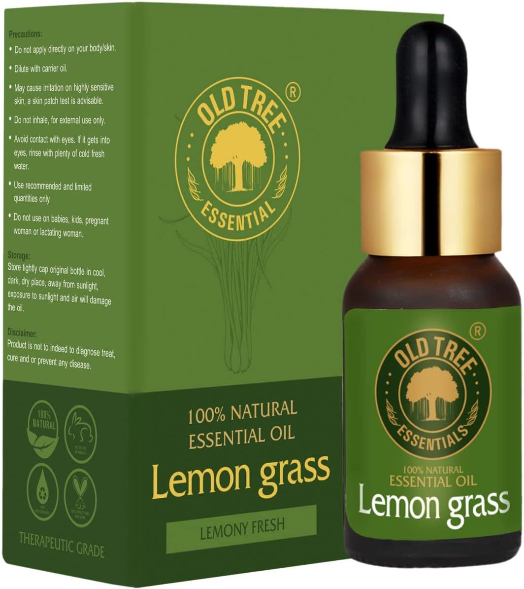 Old Tree Lemongrass Essential Oil (30ml) - for Skin, Hair Care, Home Fragrance, Massage and Aromatherapy - Pure Natural and Undiluted Oil with Glass Dropper