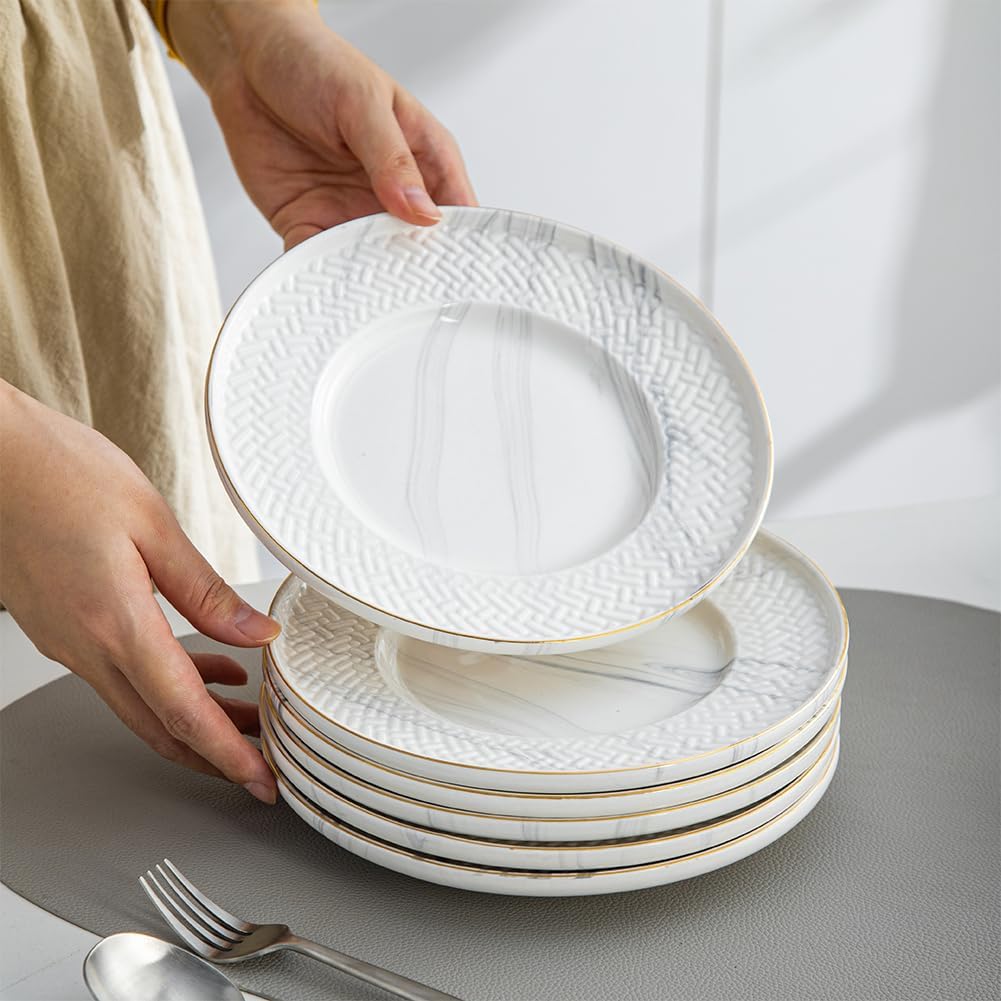 Ceramic Dinner Plates Set of 6, 8Inch Porcelain Dinner,Suitable For Steak, Pasta, Pizza, Home, Party,Oven, Dishwasher Safe, White,Bamboo Weaving Pattern