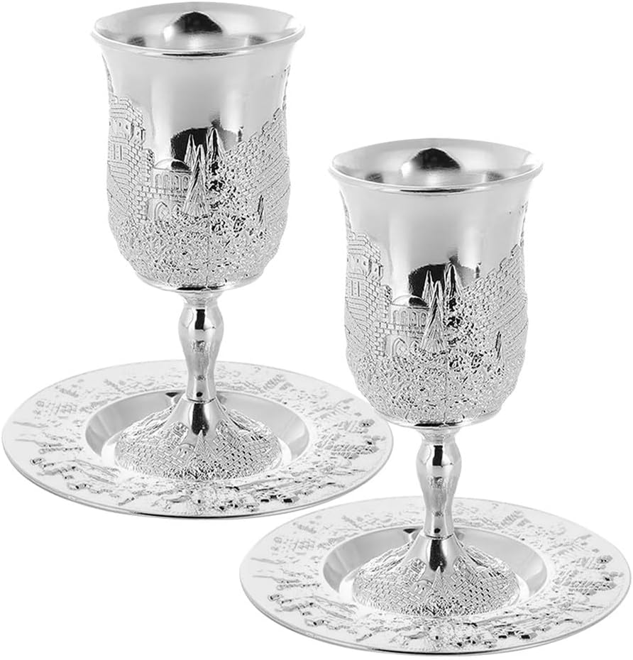 Alipis 2 Set Cup Set Zinc Alloy 5.89" Tall Wine Goblet With Matching Tray For Shabbat Passover Seder Cup Bar Bat Mitzvah Wedding