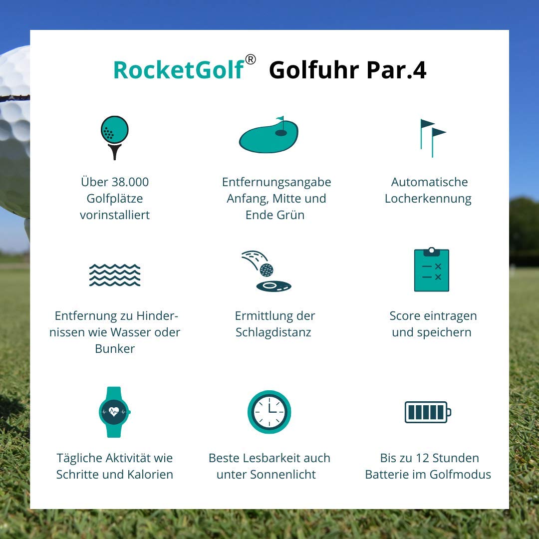 Golfuhr Par.4 - telemetro GPS RocketGolf - Semplice & Semplice - funzione golf, 38.000+ campi da golf, ostacolo di rimozione, contapassi, aggiornamenti gratuiti