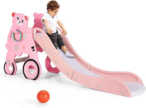 Miniatura 9 de Baby Joy Slide para niños, juego grande para escalador de juegos con pendiente de deslizamiento extralarga, aro de baloncesto y bola, regalo ideal