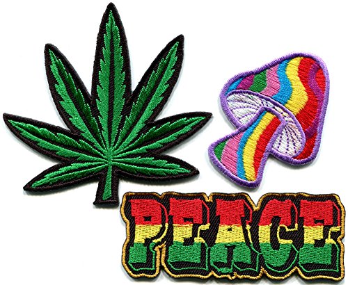 Lot of 3 Peace Mushroom Cannabis Pot Weed Rasta Reggae Hippie Retro Embroidered Appliques Iron-on Patches P-6