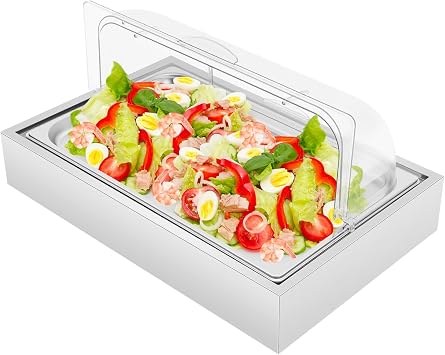 Ice Food Serving Display Tray, Stainless Steel Buffet Condiment Dispenser Display Rack with Clear Roll Top Cover Cooling Food Dishes Display Plate Case with Lid for Buffet,Restaurant,Hotel.