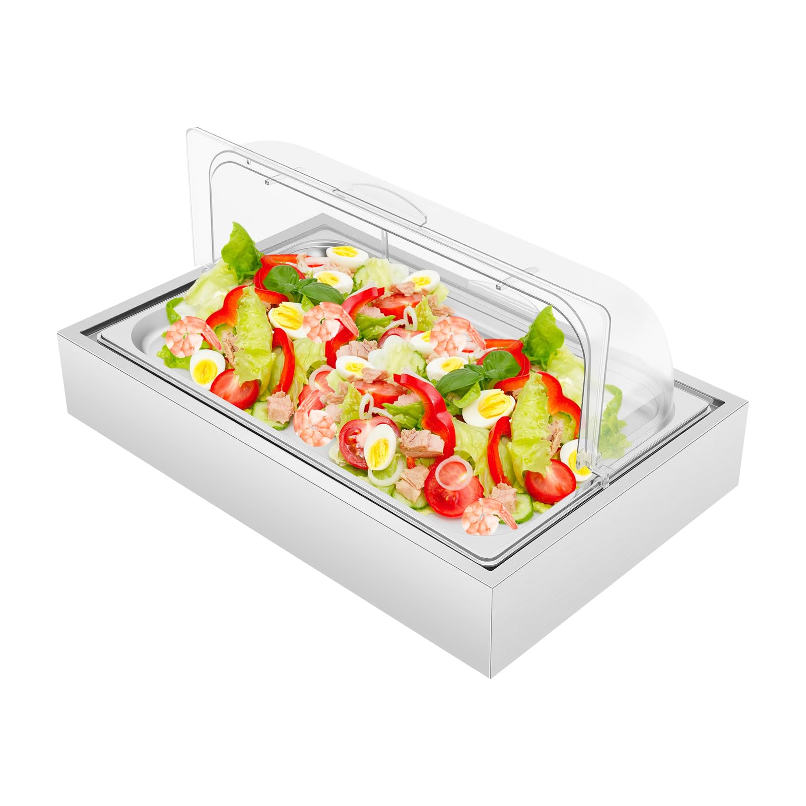 Piatto da portata refrigerante GN 1/1 con cappuccio, in acciaio inox da 6 l, ciotola refrigerante con piastra refrigerante, coperchio trasparente arrotolabile, piatto catering per buffet party