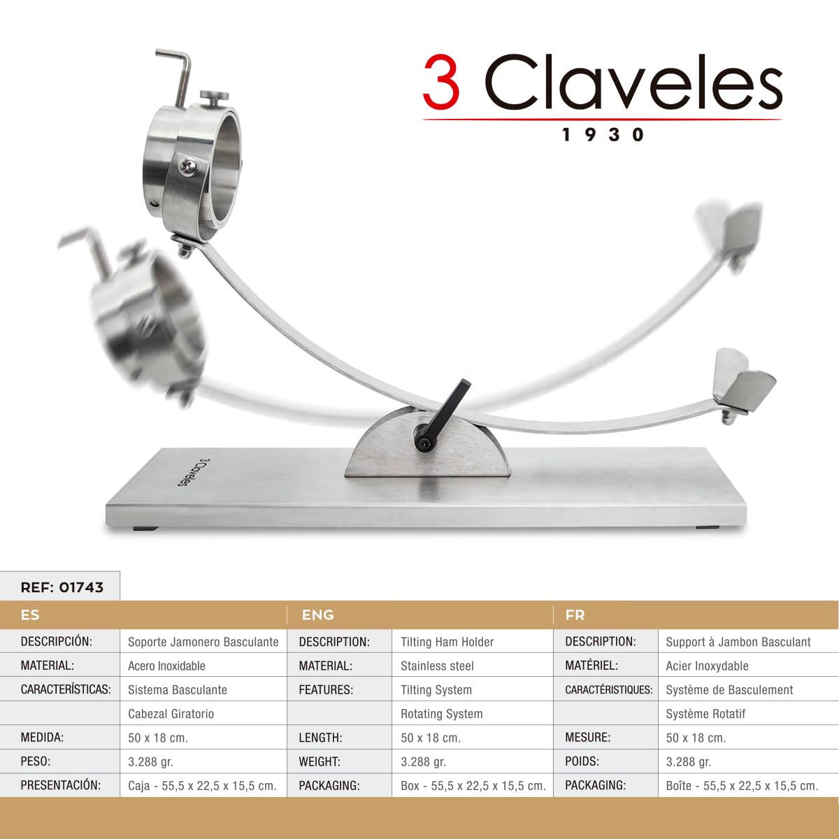 PracticDomus Soporte Jamonero Profesional Plegable y Cabezal Giratorio de Acero con Cuchillos y Chaira (3C Acero EVO)