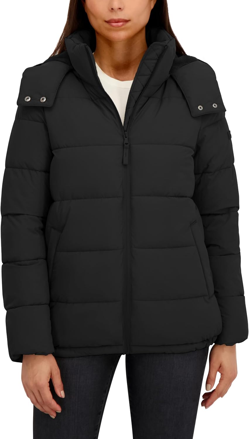 HFX Women's Mid-Weight Stretch Puffer Jacket – Water-Resistant Winter Coat, Zip-Off Faux Fur Hood, Black - Image 5