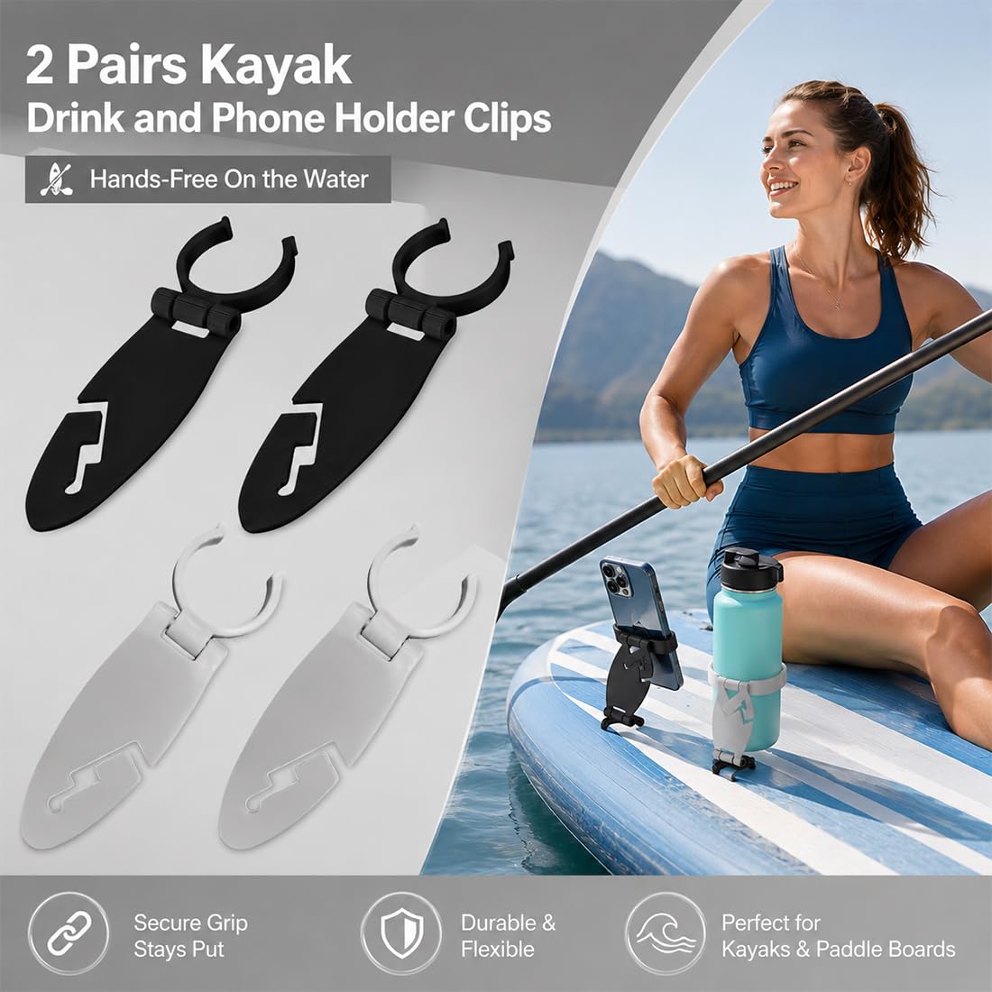EBHO 2 Paia Clip fissaggio per tavola da paddle, morsetto di fissaggio espandibile, sicuro della tavola, fibbia bloccaggio per sport acquatici, accessorio installazione rapida