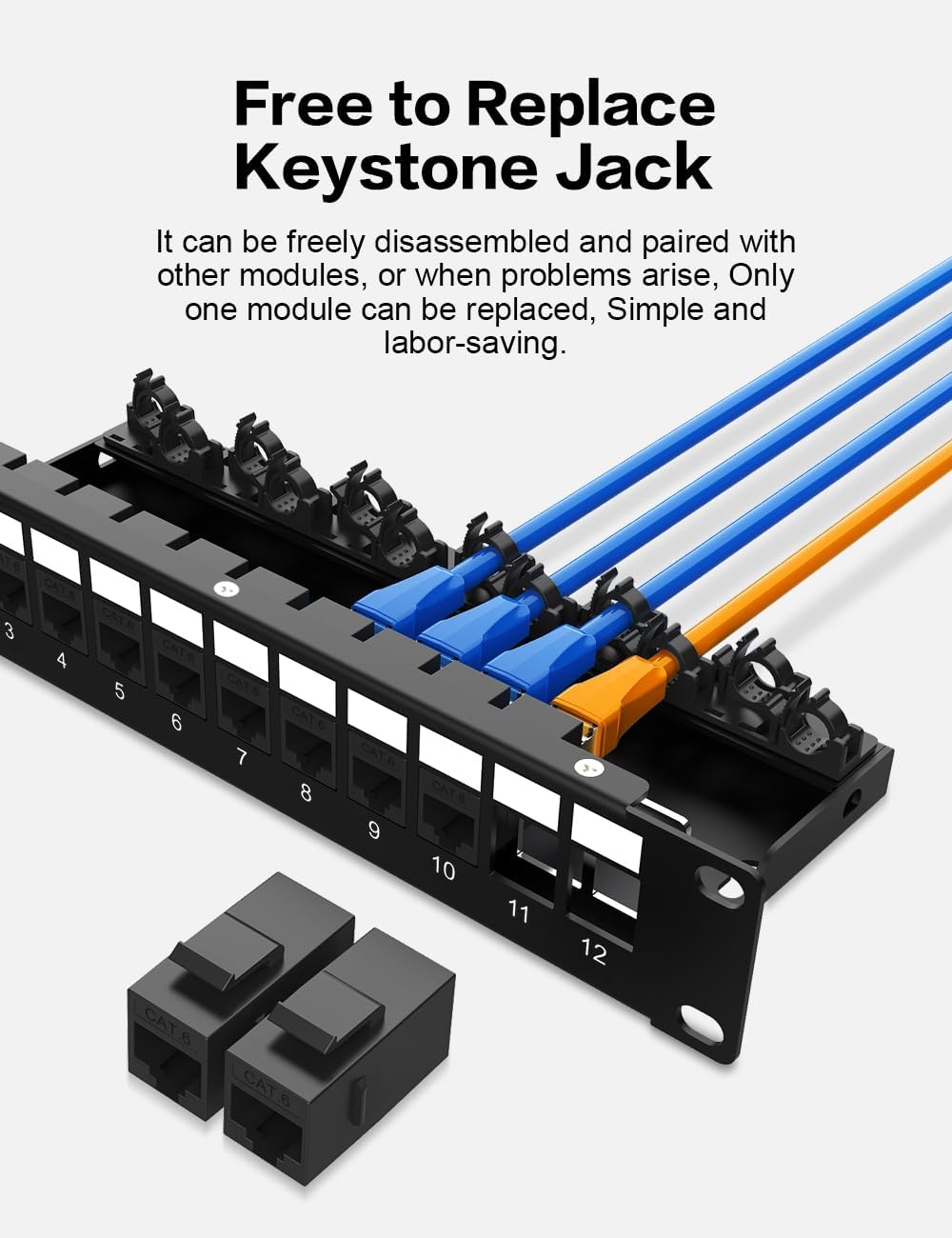 12 Port Keystone Patch Panel CAT6 (EC Listed) for Rackmount 1U10 Inch Network Patch Panel with Smart Cable Mangement image 4