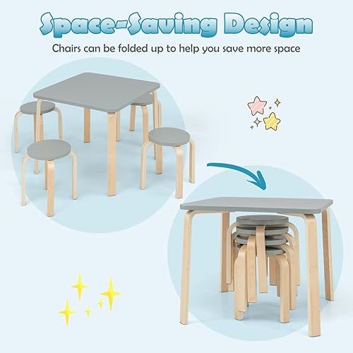 Miniatura 5 de INFANS Juego de mesa y taburete de madera para niños, mesa de actividades de 5 piezas con 4 taburetes para niños pequeños, bloque de construcción,