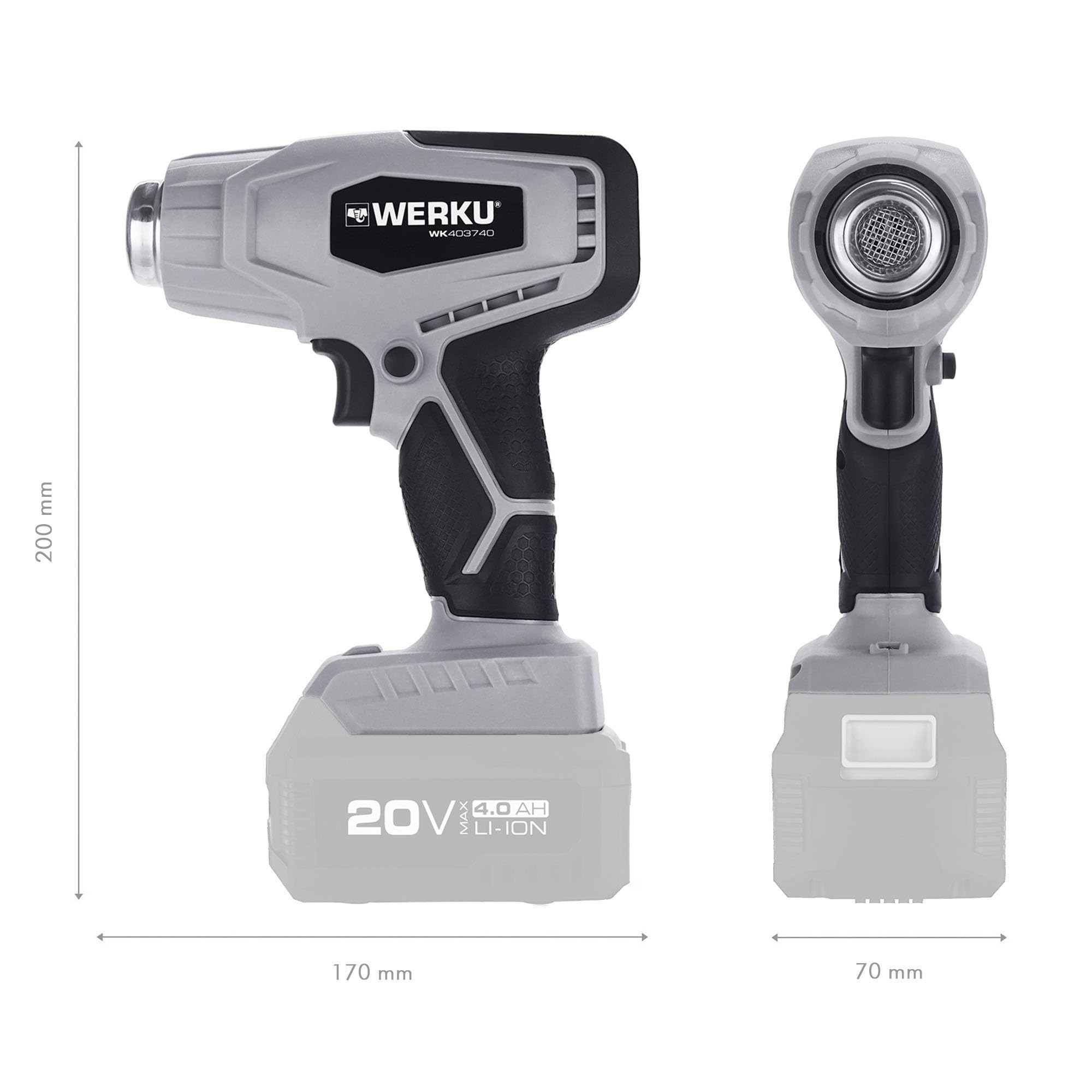 Werku WK403740, Pistola Aire Caliente Inalámbrica, Calidad Profesional, Potencia 20 V, Control Temperatura 20-600ºC, Caudal Aire 150 LPM, No Incluye Batería y Cargador