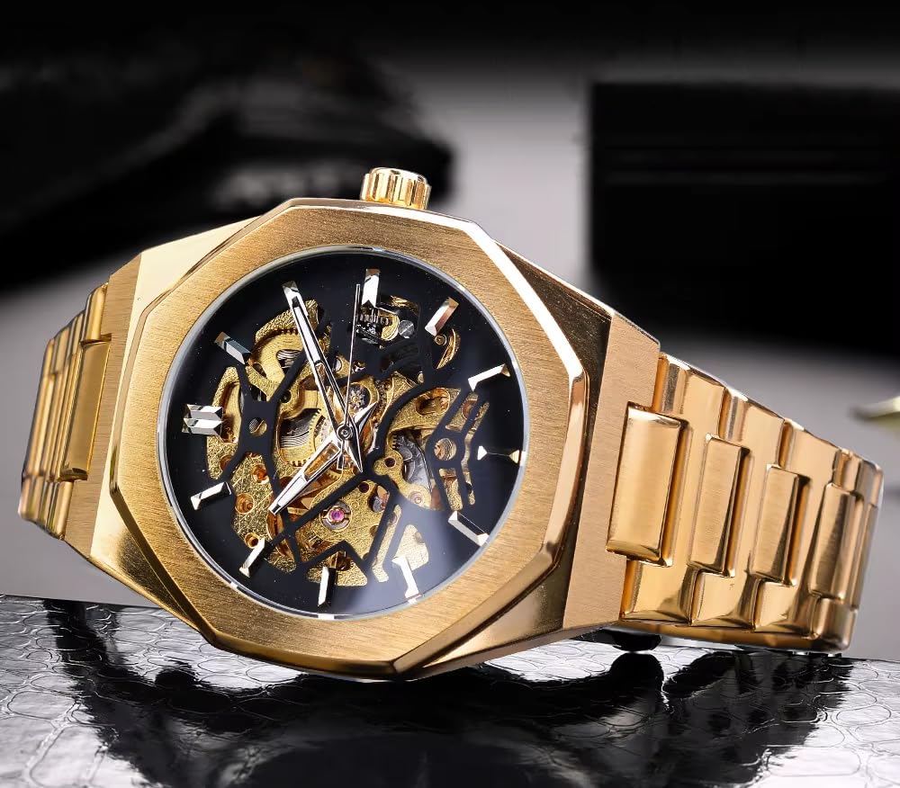 Orologio scheletrato meccanico da uomo, design a carica automatica a cuore aperto, cinturino in acciaio inox, orologio scheletro di alta qualità da indossare, Oro nero, Classico