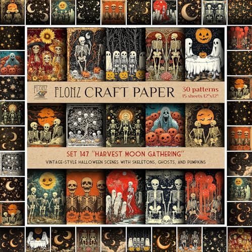 FLONZ Scrapbook Paper (30 patterns 12x12) Harvest Moon Gathering ~ Vintage-style Halloween scenes with skeletons ghosts and pumpkins in textured ink and etching technique