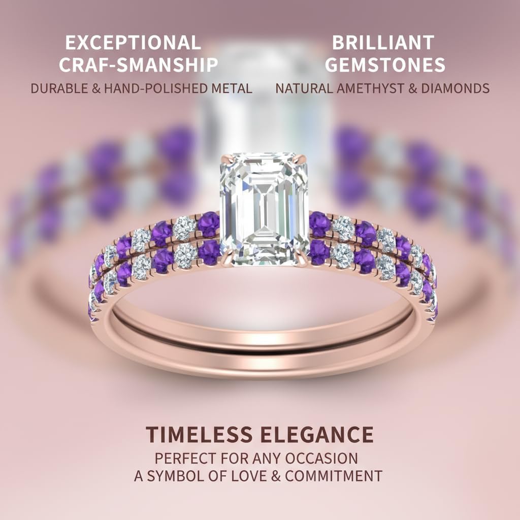 Choose Your Gemstone Hidden Halo Half Way Wedding Ring Set Rose Gold Plated Emerald Shape Wedding Ring Sets Everyday Jewelry Wedding Jewelry Handmade Gifts for Wife US Size 4 to 12