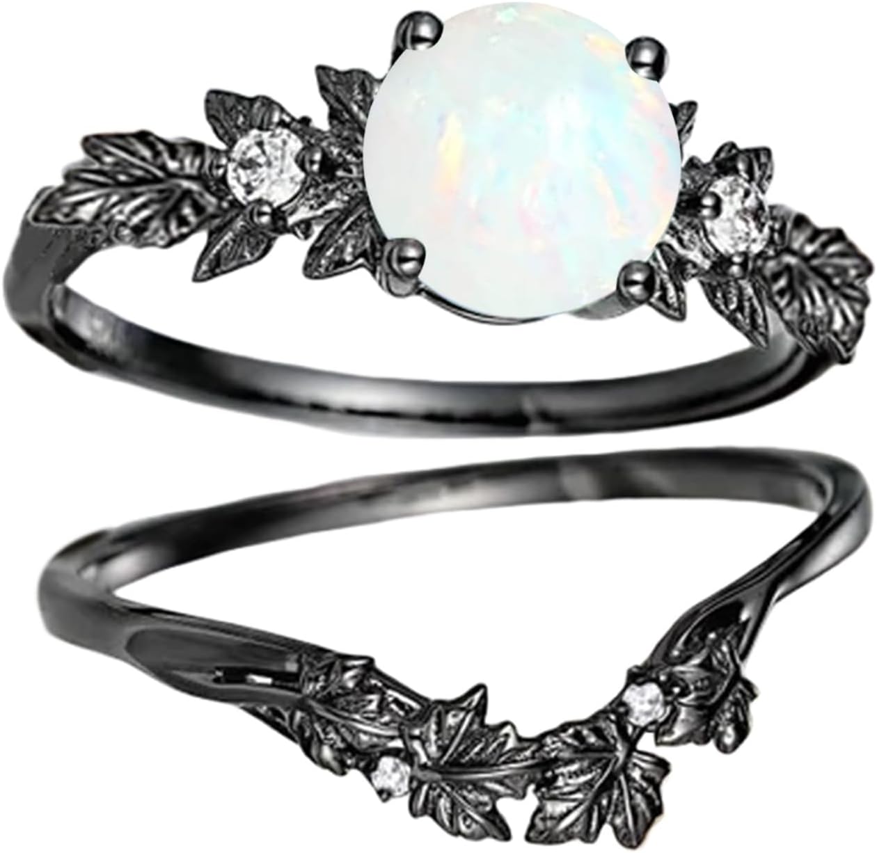 Opal/Blue Sandstone Ring Set S925 Sterling Silver Unique Black Engagement Wedding Ring Set for Women Wife