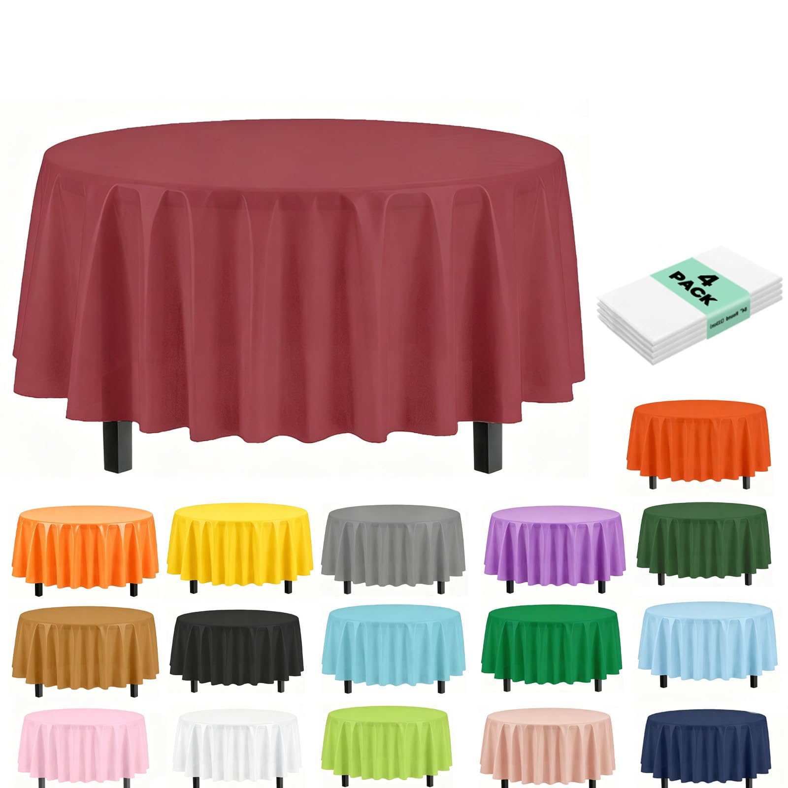 4Pack Plastic Wine Red Party Tablecloths for Round Table, 84 inch Large Round Disposable Table Cover for Party, Decorative Paper Tablecloth Bulk for Picnic, Baby Shower,Wedding,Birthday,Christmas