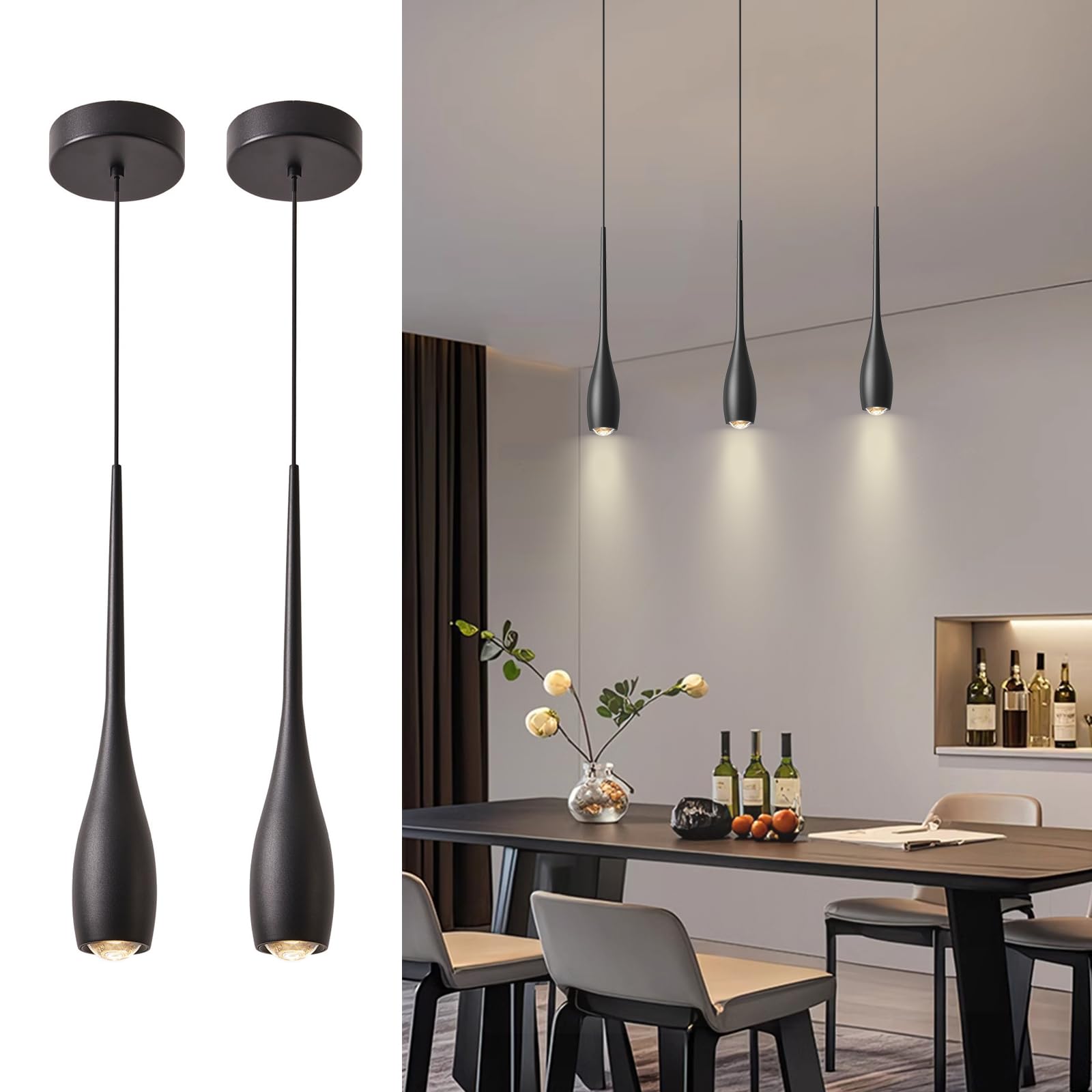 JULiN HOME Black Pendant Lights Kitchen Island, Modern LED Pendant Light Fixtures, Small Mini Pendant Lighting Dimmable Hanging for Bathroom, Bar,