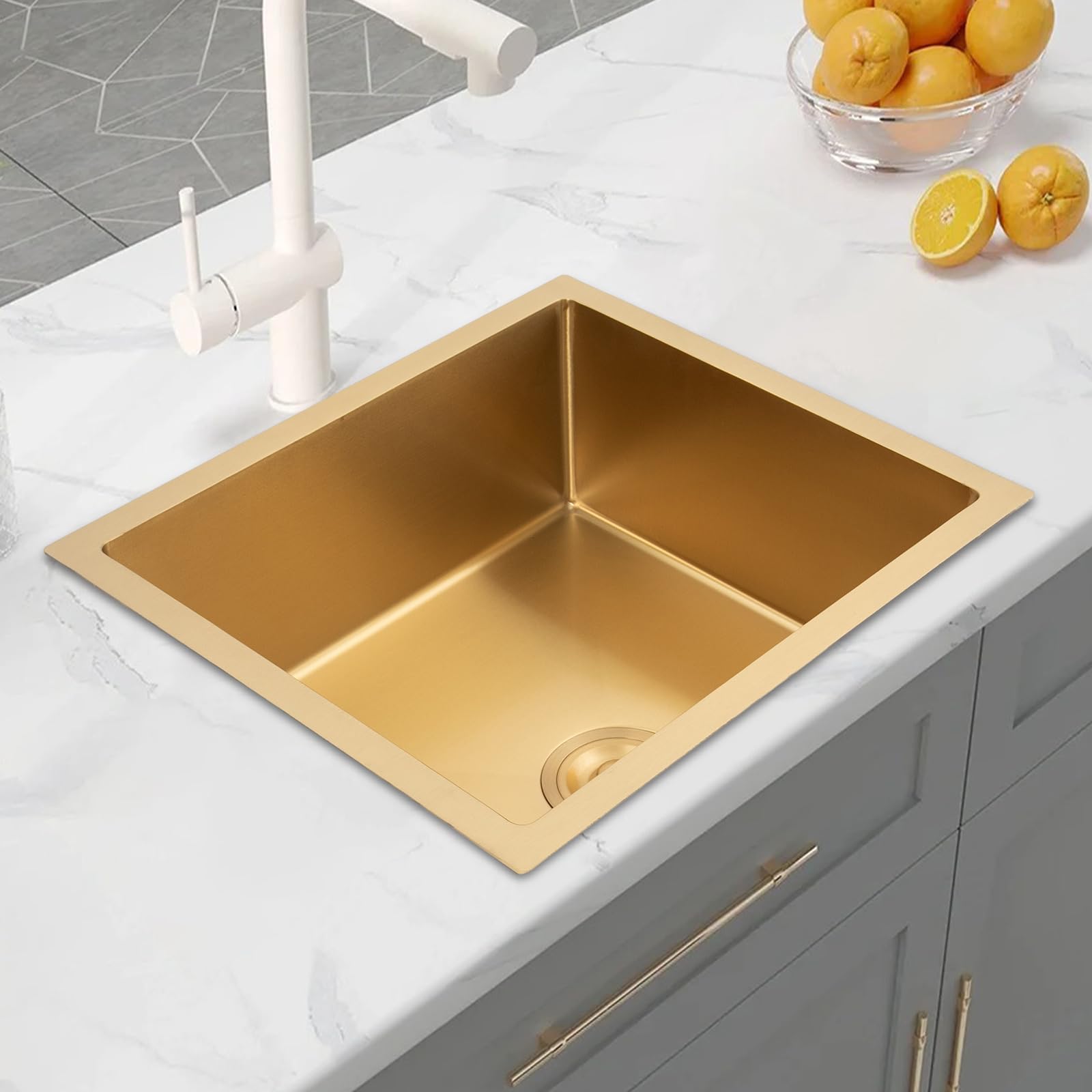 Évier de cuisine doré 50 x 45 cm, 1 bac avec revêtement par condensation, en acier inoxydable, profondeur 20 cm, évier de cuisine