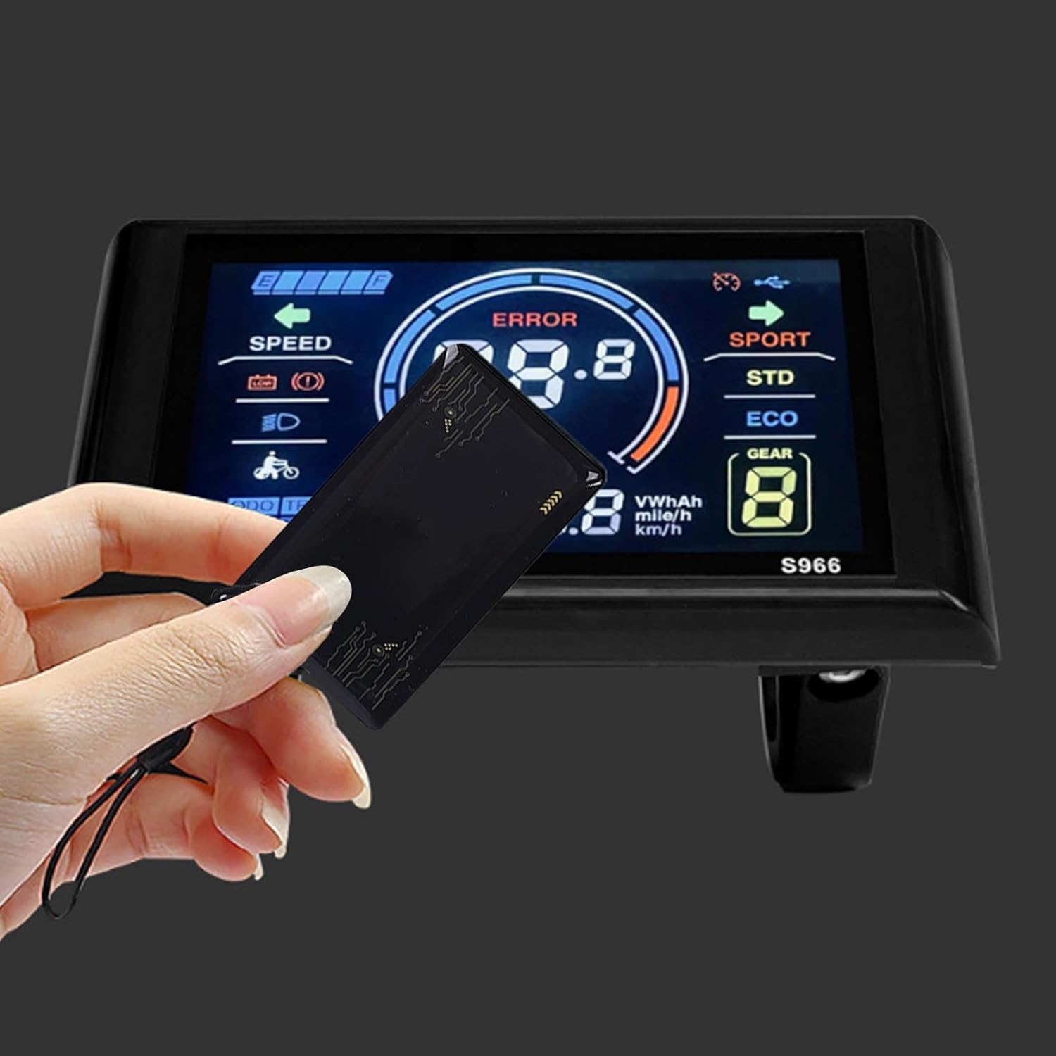 Hand holding an NFC card near the SPYMINNPOO S966 Electric Bike LCD Display