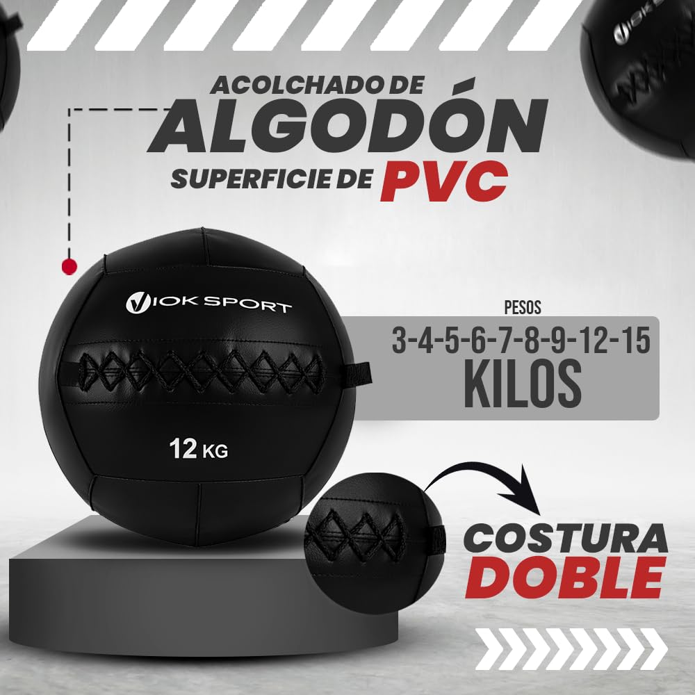 VIOK SPORT Wall Ball 3, 4, 5, 6, 7, 8, 9, 12 y 15 kg Balón de Entrenamiento para Cross Training, Fuerza y Core - Fabricado en PVC - Resistente y Versátil