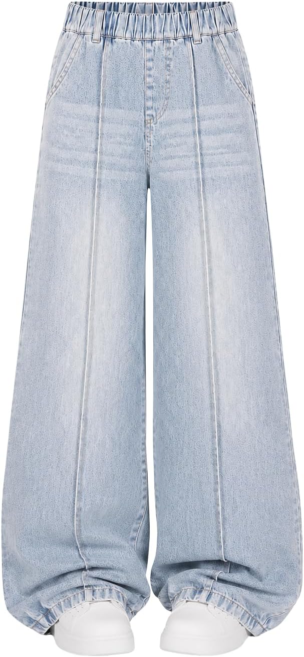 9-16Y Tween Girls' Jeans Casual Elastic Waist Straight-Leg Denim Pants