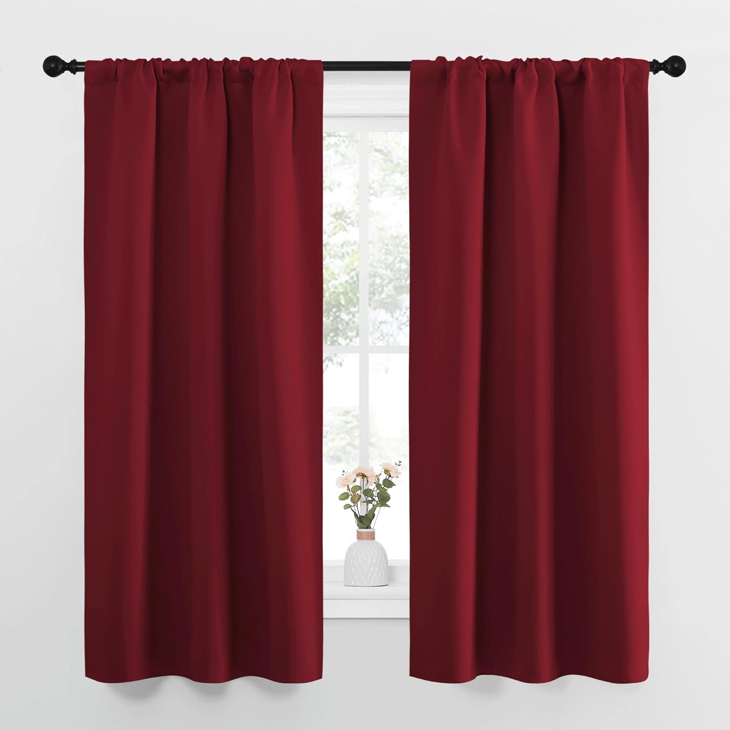NICETOWN 1 Panel 34" x 45" Tie up Curtain with 2 Panles 34" x 63" Rod Pocket Blackout Curtains for Living Room Thermal Insulated Window Shade for Bedroom, Burgundy Red
