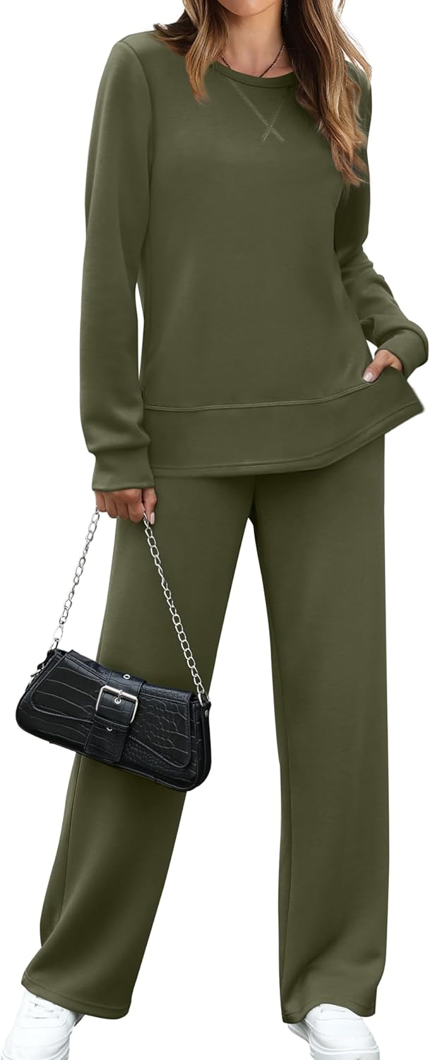 OFEEFAN Women's 2 Piece Lounge Set Travel Airport Outfits Side Slit Tracksuit Wide Leg Loungewear Baggy Comfy Sweatsuit S-3XL