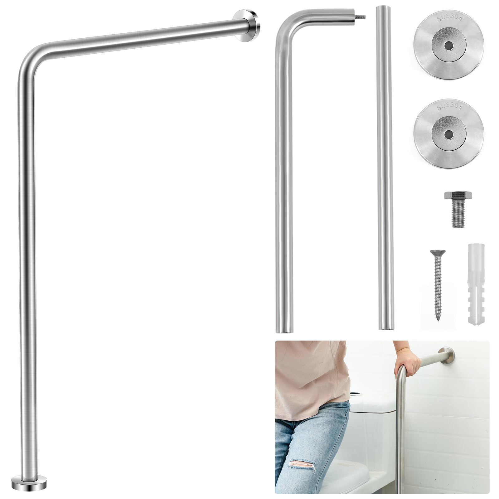 Zonon Maniglia di sicurezza da parete a pavimento, 61 x 83,8 cm, fontanelle in acciaio inox spazzolato, antiscivolo, design diviso, per bagno aree umide, disabili, anziani, donne incinte