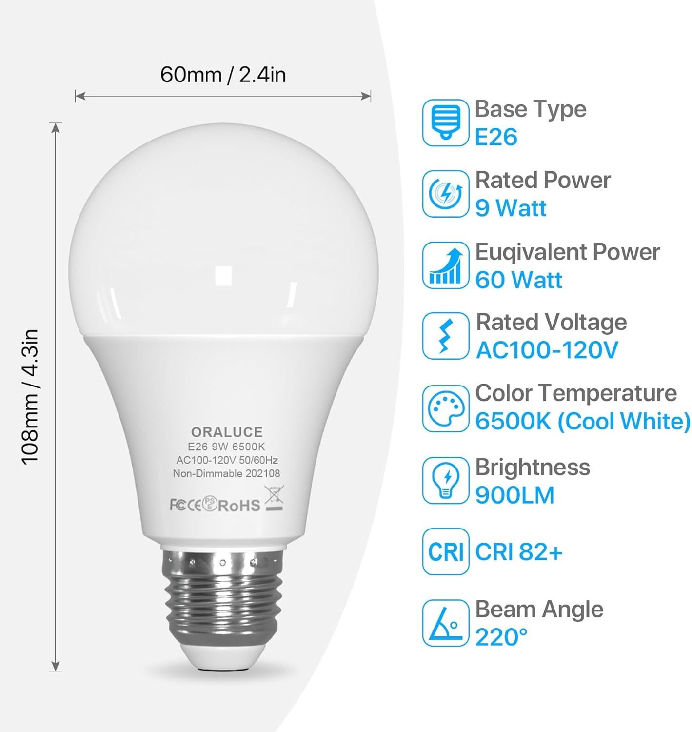 ORALUCE LED Light Bulb, A19 9W Lightbulbs, 60 Watt Equivalent, 120V 900LM, 6500K Cool White, E26 Medium Base, Non Dimmable, Energy Efficient, UL Listed, 6 Pack