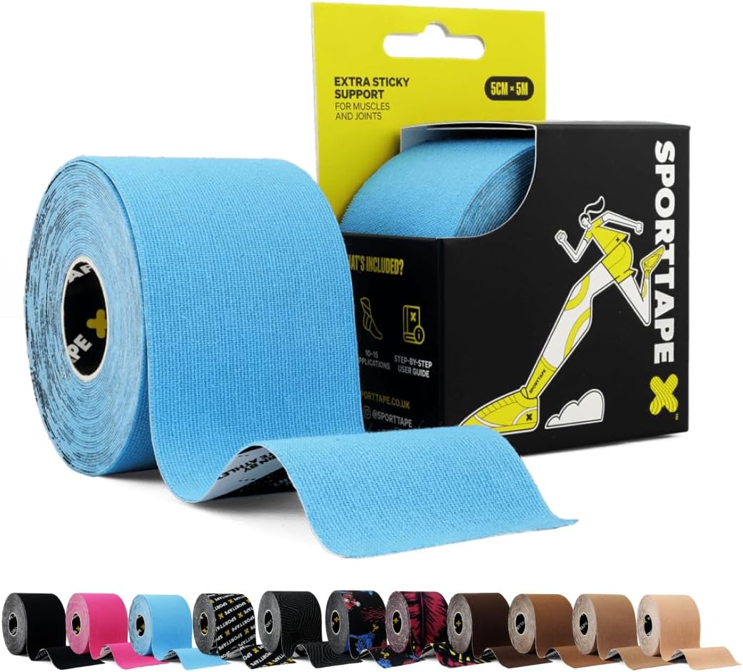 SPORTTAPEKinesiology Tape - 5m Roll - Blue | Physio & Sports Injury Muscle Tape for Shoulder, Knee, Ankle Shin Splints Support. Waterproof & Hyopallergenic Kinetic Tape